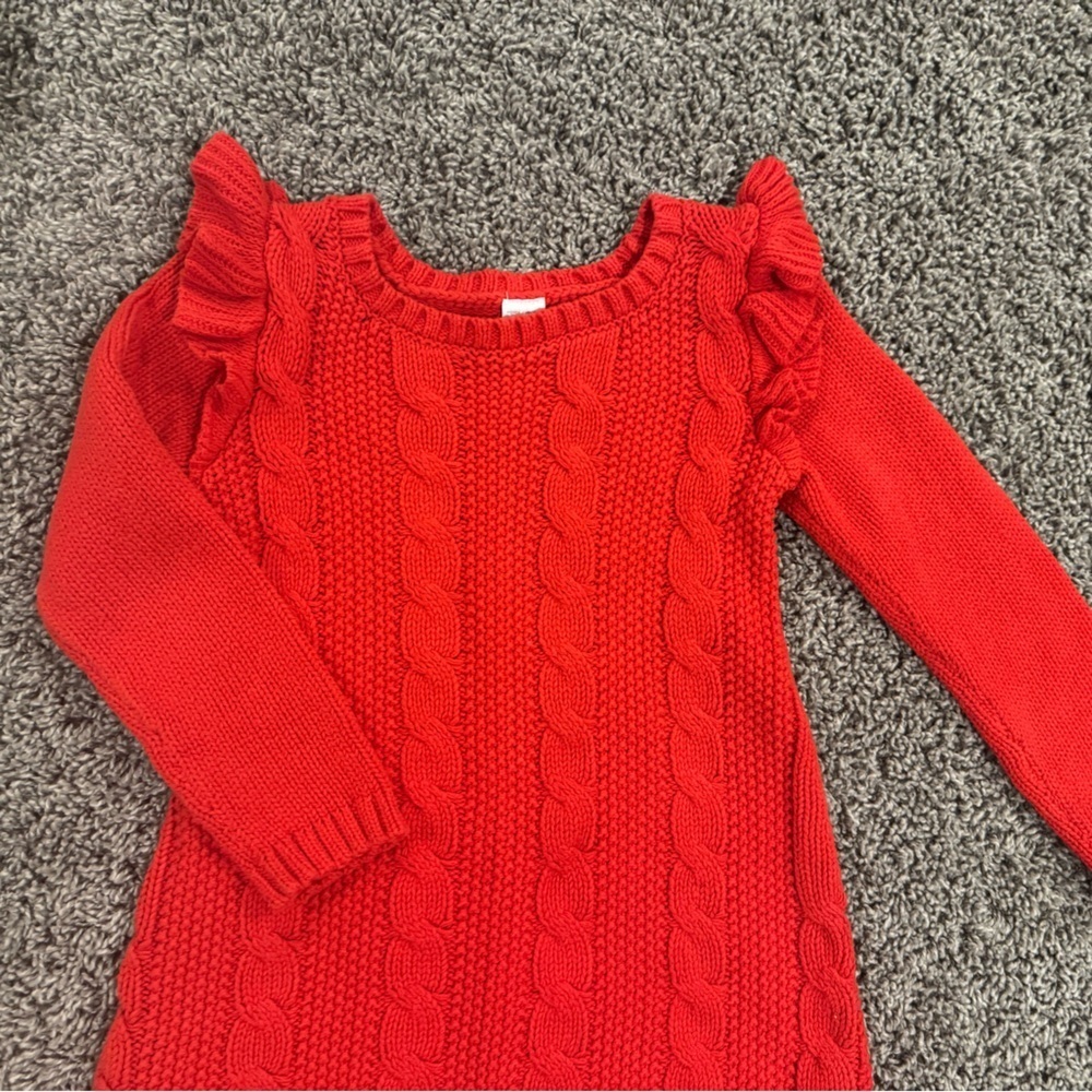 Girls Carter’s Red Cable Knit Dress with Ruffle Sleeves, size 5 - Picture 2 of 6